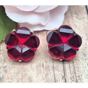 Beautiful Vintage Gold Tone Red Flower Screw Back Clip On Earrings